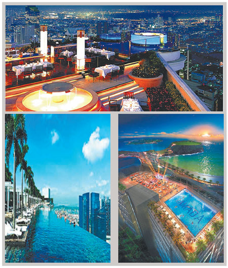 (위부터 시계방향으로) 시로코 스카이바, 루프탑 바가 수영장과 연계하여 조성돼 더욱 낭만적이고 스토리가 있는 공간인 제주 성산라마다앙코르호텔, 수영장에서 도시의 전경을 감상할 수 있는 싱가포르 마리나베이샌즈 호텔.