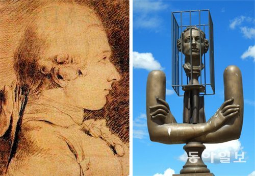 사드 후작의 초상화(왼쪽)와 그의 영지였던 프랑스 남부 라코스테 성 앞의 사드 동상. 동아일보DB