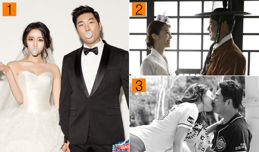 프로야구의 스토브리그는 결혼시즌이다. 프로야구 선수는 직업의 특성상, 비활동기간인 12월부터 1월 중순 사이에 인륜지대사를 치를 수 밖 없다. 그래서 12월 초부터 결혼 소식이 쏟아지고 있다. LG 투수 유원상(사진1) 삼성 투수 장원삼(사진2) 두산 포수 양의지(사진3)가 아름다운 웨딩화보를 팬들에게 공개했다. 사진제공｜LG트윈스·삼성·아이웨딩