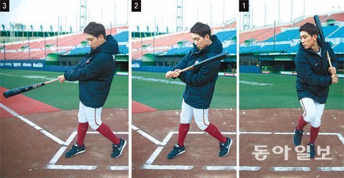 서건창은 올 시즌 ①손을 가슴 아래쪽까지 내리고 팔을 붙여 오른쪽 어깨를 닫은 뒤 ②중심 이동을 거의 하지 않고 빠르게 방망이를 돌린 다음 ③타이밍이 조금 늦어도 끝까지 방망이를 휘두르는 자기만의 타격 자세를 완성했다. 최혁중 기자 sajinman@donga.com