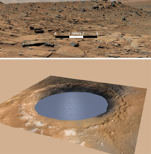 화성 호수의 흔적 미국 항공우주국(NASA)의 화성 탐사로봇 ‘큐리오시티’가 보내온 화성의 게일 분화구 일대 모습. 수백만 년 동안 호수의 물에 의해 만들어졌을 것으로 보이는 다양한 흔적이 남아 있다. 아래 사진은 게리 분화구가 호수였을 때를 가정한 상상도다. 사진 출처 미 항공우주국 홈페이지