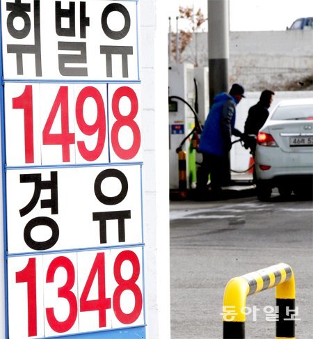 11일 오전 경기 화성시 송산주유소는 휘발유 가격을 L당 1498원으로 내렸다. 휘발유를 1400원대에 파는 주유소가 등장한 것은 2009년 초 이후 5년 10개월 만에 처음이다. 화성=박영대 기자 sannae@donga.com