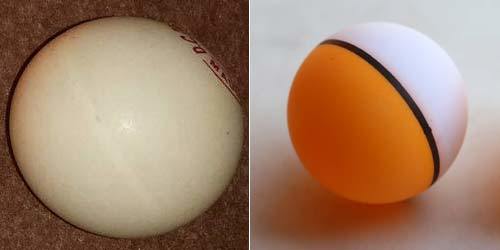 셀룰로이드 공(왼쪽). 플라스틱 공(오른쪽).