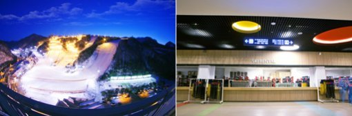 서울서 퇴근 뒤 찾아와 밤샘 스키를 즐기는 열성팬을 위해 환하게 붉을 밝힌 슬로프(좌)와 최근 100억원을 들여 리모델링한 스키하우스 전경. 사진제공｜엘리시안 강촌