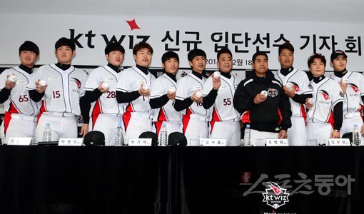 제10구단 kt 조범현 감독(왼쪽에서 4번째)이 18일 FA(프리에이전트) 및 특별지명 선수 입단식에서 사인볼을 들고 기념촬영을 하고 있다. kt는 외부에서 영입된 전력들과 올해 퓨처스리그에서 가능성을 확인한 기존 멤버들간의 치열한 내부 경쟁을 예고하고 있다. 수원｜김민성 기자 marineboy@donga.com 트위터 @bluemarine007