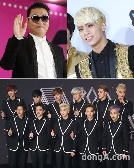 가수 싸이·샤이니 종현·그룹 엑소(왼쪽 위부터 시계방향). 동아닷컴DB