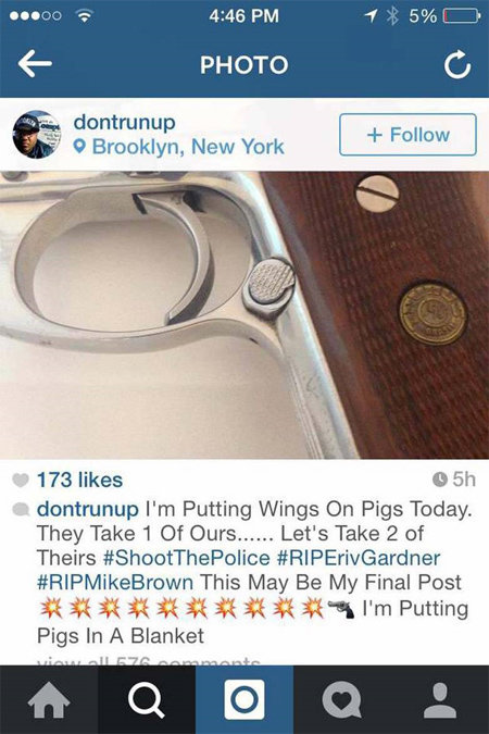 경찰 2명을 총으로 쏴 살해한 이스마일 브린즐리가 자신의 소셜네트워크서비스(SNS) 계정에 올린 글.