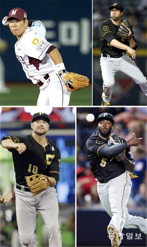 (위쪽 사진 왼쪽부터) 강정호, 2루수 닐 워커. (아래 사진 왼쪽부터) 유격수 조디 머서, 3루수 조시 해리슨