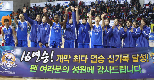 우리은행 선수들이 24일 용인체육관에서 벌어진 삼성과의 원정경기에서 승리해 개막 16연승 신기록을 달성한 뒤 기념 플래카드를 들고 팬들의 환호에 답하고 있다. ‘만년 꼴찌’에서 ‘극강’으로 변신한 우리은행은 올 시즌 통합 3연패에 도전하고 있다. 사진제공｜스포츠코리아