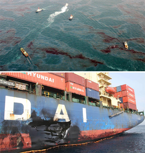 선박-항공기 동원 긴급 방제작업 28일 0시 19분경 부산 영도구 태종대 서남쪽 11.8km 해상에서 컨테이너 화물선 현대브릿지호(아래 사진)와 모래채취선 107 대양호가 충돌해 현대브릿지호 뒷부분에 가로 4m, 세로 2m의 구멍이 생겼다. 이 사고로 이 배에 실려 있던 벙커C유가 다량 유출돼 부산해양경비안전서가 선박과 항공기를 동원해 방제작업을 펼치고 있다. 부산=사진공동취재단