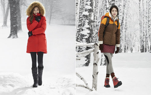 노스페이스의 올 시즌 주력 다운재킷인 여성용 ‘칼리아 다운코트’와 다운부츠 ‘14 우먼 부띠 하이’를 착용한 모델 공효진(왼쪽 사진)과 ‘VX 하이브리드 재킷’을 입은 모델 이연희. VX는 노스페이스가 자체 개발한 혁신적 보온소재로 국가대표선수단의 훈련복에도 사용됐다. 사진제공｜노스페이스