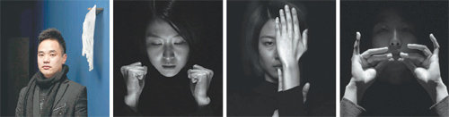 장민승 씨(왼쪽)와 그의 영상 작품 ‘검은 나무여’의 스틸 컷. 일본 단시(短詩) 하이쿠를 수어로 표현했다. 왼쪽부터 ‘파도는 차갑고…’, 서곡 중 퍼포먼스, ‘먼지 한 점 없어라’. 음악에 섞인 파도와 방울 소리는 지난달 밤 전남 진도군 팽목항에서 담아 왔다. 에르메스 코리아 제공