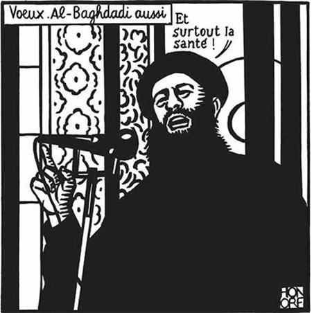 테러 촉발한 IS 지도자 풍자 만화 이슬람국가(IS)의 지도자인 알 바그다디가 “특히 건강!”이라고 
외치는 신년사 모습을 풍자한 샤를리 엡도 만화. 이 만화가 트위터에 올라오자 이슬람국가는 몇 분 뒤 “프랑스를 공격하겠다”고 
위협했으며 위협 1시간 만에 총격 사건이 일어났다. 트위터 캡처