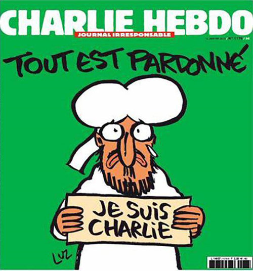 13일 공개된 프랑스 풍자 주간지 ‘샤를리 에브도’의 특별호 표지. 이 그림을 그린 만평가 레날 뤼지에 씨는 “모든 눈이 우리를 향하고 있다. 우리가 상징이 됐다”고 말했다. 사진 출처 워싱턴포스트 홈페이지