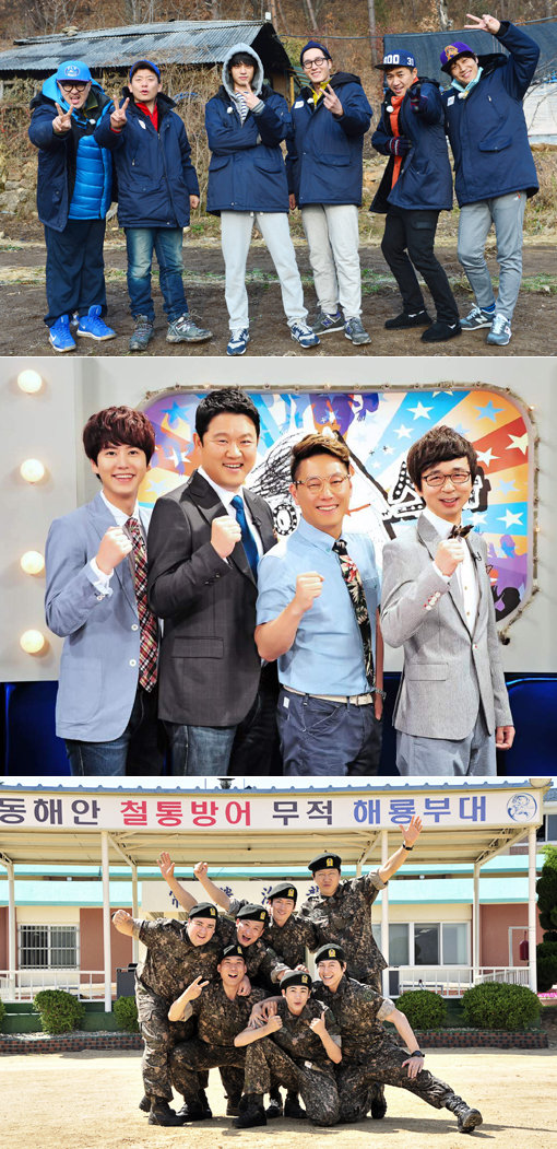 KBS 2TV ‘1박2일’과 MBC ‘라디오 스타’·‘진짜 사나이’(맨 위 사진부터)는 남자 연예인들이 이끄는 대표적인 예능프로그램이다. 사진제공｜KBS·MBC