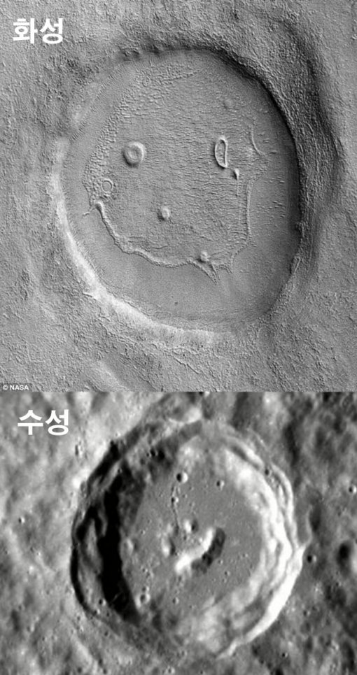 화성 표면 스마일 포착. 사진=NASA (위:화성, 아래:수성)