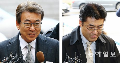 정윤회 씨(왼쪽 사진)가 19일 일본 산케이신문 가토 다쓰야 전 서울지국장(오른쪽 사진)의 재판에 증인으로 출석하기 위해 법정으로 들어가기 전 취재진들의 질문에 답하고 있다. 전영한 기자 scoopjyh@donga.com