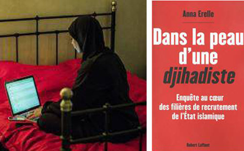 프랑스 탐사보도 전문기자 아나 에렐 씨가 자신의 방에서 노트북으로 이슬람국가(IS) 대원과 연락하며 IS 대원 모집 체험기를 쓰고
 있다(왼쪽 사진). 그가 쓴 ‘지하디스트의 가면을 쓰고’의 표지. 15일 발간됐다. 로베르 라퐁 출판사 제공