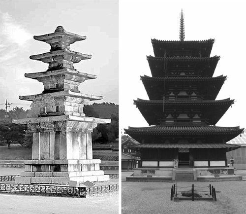 일본 나라 현에 있는 호류사 5층 목탑(오른쪽)은 백제 정림사지 5층 석탑(왼쪽)의 영향을 많이 받았다. 백제역사유적지구 통합관리단·임영애 경주대 교수 제공