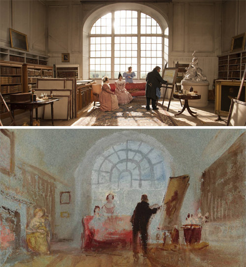 오래된 서재에서 터너가 여인들의 초상화를 그리는 모습을 담은 영화 속 장면(위 사진). 터너가 1830년경 청색 종이에 그린 수채화 ‘페트워스: 터너와 찬미자들’(아래 사진). 진진 제공