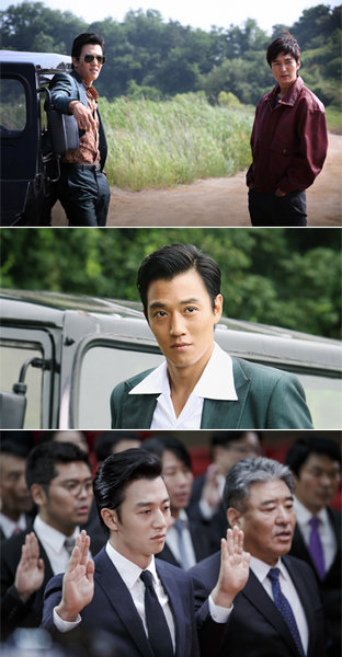 안방극장과 스크린을 동시에 점령하며 부활의 신호탄을 쏘아 올린 김래원. 그의 남다른 활약에 시청자와 관객의 기대가 커지고 있다. 그는 영화 ‘강남 1970’과 드라마 ‘펀치’(맨 위부터)에서 각각 건달과 검사 역을 맡았다. 사진제공｜모베라픽쳐스·SBS