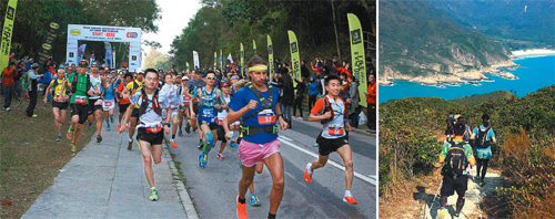 홍콩 산악지대와 해안 100km를 뛰고 걷는 울트라트레일 러닝에 51개국에서 선수들이 참가했다(왼쪽 사진). 제주와 비슷한 해안과 산악지대로 코스가 짜여졌다. 임재영 기자 jy788@donga.com
