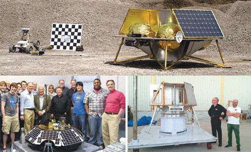 ‘마일스톤 프라이즈’의 중간 상금 1위인 미국 ‘애스트로보틱’ 팀의 달 탐사 로봇과 착륙선(위 사진). 2위인 ‘문 익스프레스’. 아폴로 11호로 달을 밟았던 우주인 버즈 올드린이 왼쪽에서 세 번째에 서 있다(왼쪽 아래 사진). 신흥 우주 강국으로 부상하고 있는 인도 연구진 ‘인더스’(오른쪽 아래 사진). XPRIZE 제공