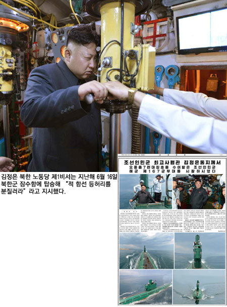 김정은 북한 노동당 제1비서는 지난해 6월 16일 북한군 잠수함에 탑승해 “적 함선 등허리를 분질러라”라고 지시했다.