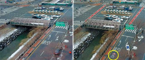 서울청계2가사거리자전거우선도로설치전(왼쪽사진)과후의모습.자전거그림과통행방향을표시했다. 서울시 제공