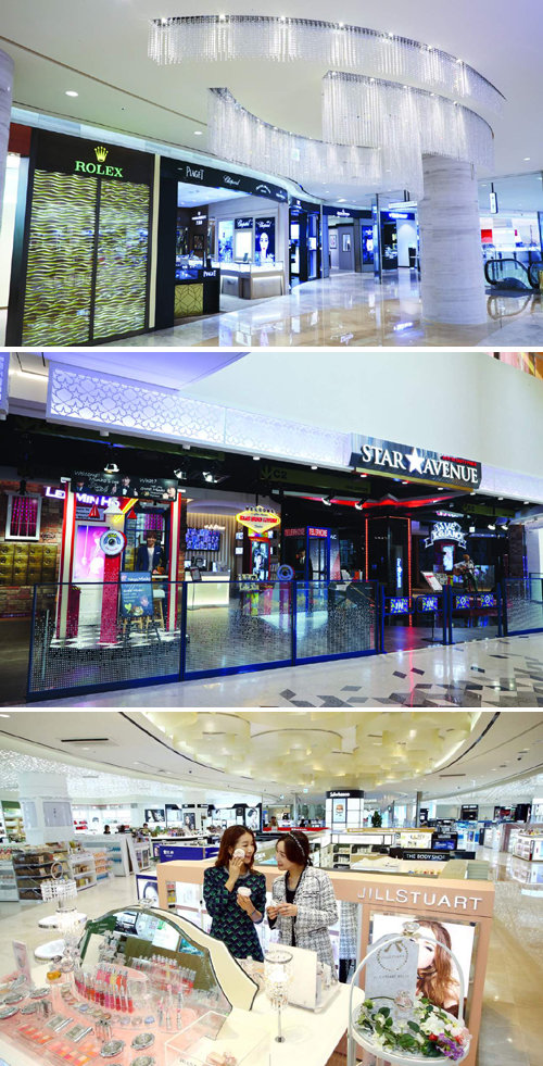 서울 송파구에 있는 롯데면세점 월드타워점의 내부. 위쪽부터 럭셔리워치애버뉴, 스타애버뉴, 수입화장품 매장이 마련돼 있다. 롯데면세점 제공