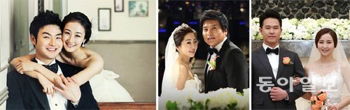 프로야구 스타와 여성 아나운서(기상캐스터) 커플이 늘고 있다. 최근 여성 스포츠 아나운서가 늘어나면서 야구 선수와 인연을 맺을 기회가 늘어난 것도 영향을 준 것으로 보인다. 왼쪽 사진부터 박병호-이지윤 전 KBSN 아나운서, 김태균-김석류 전 KBSN 아나운서, 최정-나윤희 울산 MBC 기상캐스터 커플의 웨딩 사진. 이 세 커플은 거포를 지닌 야수와 미녀 아나운서의 조합이라는 공통점도 있다. 동아일보 DB