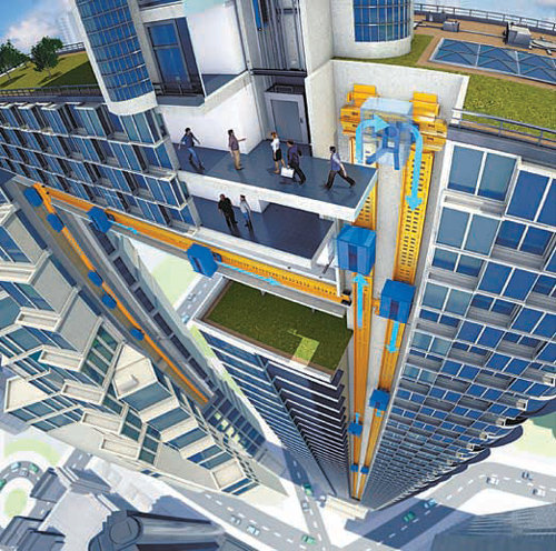 티센크루프엘리베이터가 개발하고 있는 ‘멀티 엘리베이터’ 조감도. 통로(노란색)를 따라 엘리베이터가 건물 안을 수직·수평으로 움직인다. 티센크루프 제공