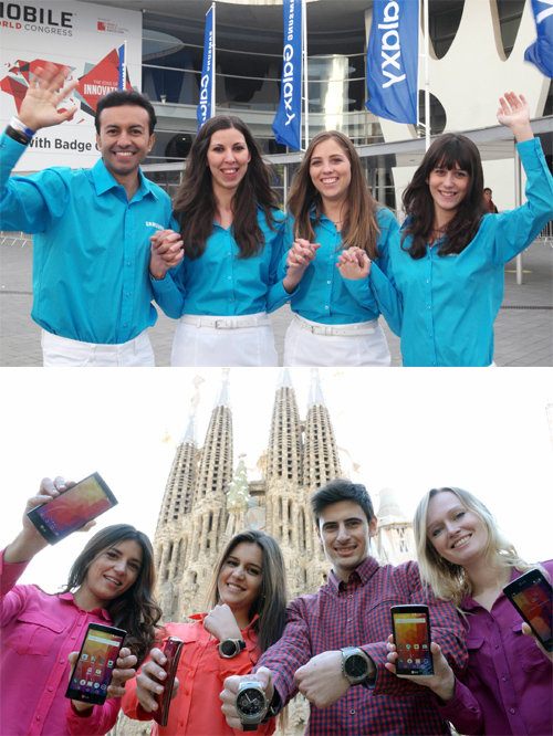 2일(현지 시간) 개막하는 ‘모바일월드콩그레스(MWC) 2015’에 앞서 삼성전자 모델들이 스페인 바르셀로나 피라 그란비아 전시장 앞에서 제품을 홍보하고 있다(위쪽 사진). LG전자 모델들은 사그라다 파밀리아 성당을 배경으로 ‘LG 마그나’와 ‘LG 스피릿’ ‘LG G플렉스2’ ‘LG 워치 어베인 LTE’ 등 핵심 제품을 소개했다. 삼성전자·LG전자 제공