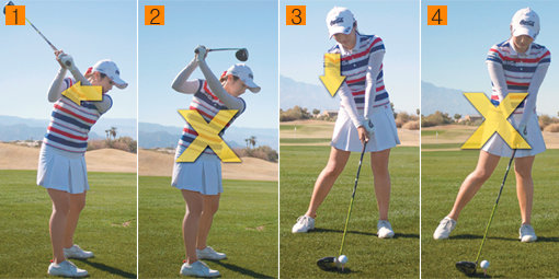 1. 어깨의 회전을 좀더 평탄한 각도로 만들면 더 탄력적인 백스윙을 할 수 있다. 2. 백스윙 때 어깨가 가파른 각도로 올라갈수록 미스샷을 할 확률도 높아진다. 3. 다운스윙 때 오른쪽 어깨를 볼이 있는 방향으로 회전시키면 더 빠른 스윙 속도와 파워를 만들어낼 수 있다. 4. 왼 어깨가 먼저 내려오면 스윙의 힘이 떨어지고 볼을 정확하게 맞힐 수 없다.