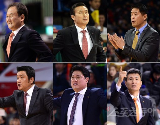 유재학 감독-김진 감독-추일승 감독-김영만 감독-문경은 감독-유도훈 감독(맨 왼쪽 위부터 시계방향). 스포츠동아DB