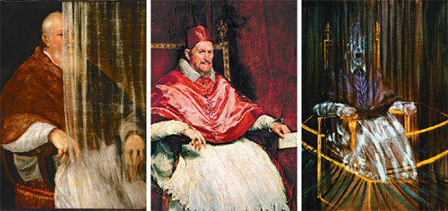 왼쪽부터 티치아노의 ‘필리포 아르킨토 추기경의 초상’(1558년), 디에고 벨라스케스의 ‘교황 이노켄티우스 10세의 초상’(1650년), 프랜시스 베이컨의 ‘벨라스케스의 교황 이노켄티우스 10세의 초상에 대한 습작’(1953년). 베이컨은 “색채의 아름다움과 그 밖의 것을 이용해 교황의 입을 표현하고 싶었다”고 했다. 윌컴퍼니 제공