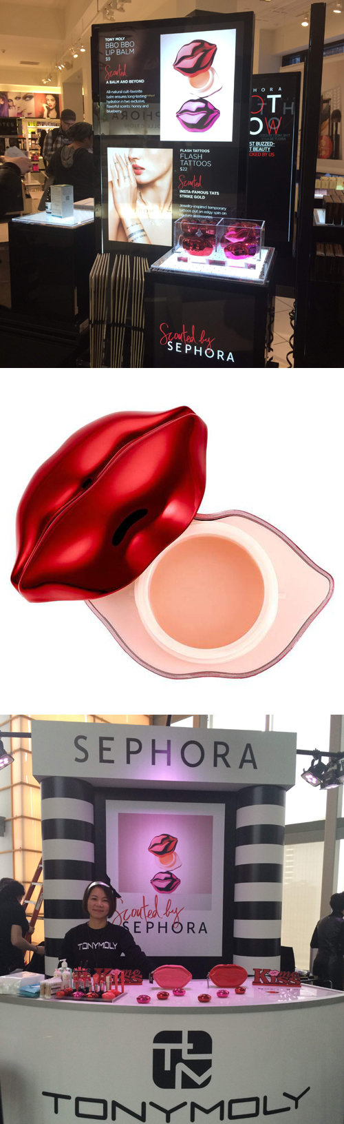 위쪽부터 세포라 시애틀 토니모리 부스, 토니모리 뽀뽀 립밤, 뉴욕 LVMH 타워 ‘Scouted by Sephora’ 토니모니 부스. ㈜토니모리는 국내 브랜드숍 최초로 세포라에 입점, 유니크한 용기 디자인과 우수한 제품력으로 미국 시장에서 글로벌 뷰티 브랜드와 어깨를 나란히 하고 있다.