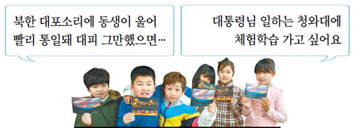 지난달 11일 인천 옹진군 백령도 백령초등학교 2학년 학생들이 박근혜 대통령에게 손수 쓴 엽서를 들어 보이고 있다. 백령초등학교 제공
