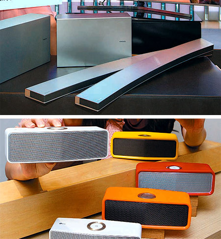 TV 따라 휘어진 사운드바… 출력 3배로 키운 휴대용 스피커 삼성전자는 9일 ‘HW-J8501’ 등 곡면 사운드바 신제품들을 내놓고 예약 판매에 들어갔다(위쪽 사진). LG전자는 같은 날 휴대용 스피커 신제품을 선보였다. 각 업체 제공