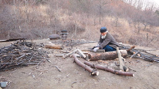 18년 동안 이어온 산골의 삶은 과거 대학 강단에 섰던 다사함씨를 톱질의 달인으로 만들었다. 사진제공｜채널A