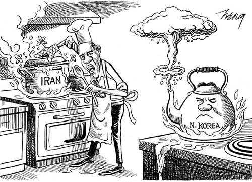 버락 오바마 미국 대통령이 부엌에서 냄비를 만지며 이란 핵문제를 요리하고 있는 사이 북한 핵문제(주전자)가 끓어오른다는 것을 보여주는 뉴욕타임스 9일자 만평. 뉴욕타임스 캡처