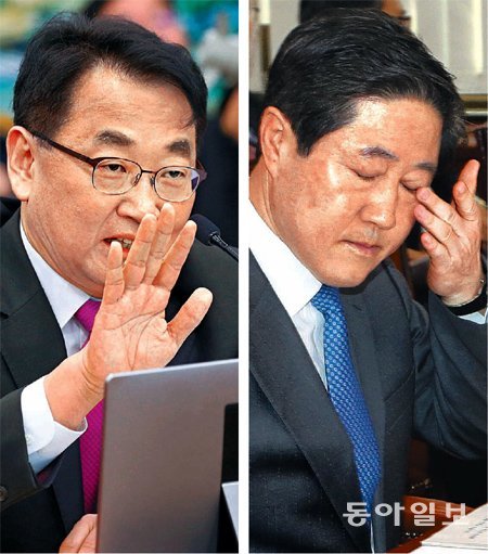 해명… 난감… 유일호 국토교통부 장관 후보자(왼쪽 사진)가 9일 열린 국회 인사청문회에서 답변하고 있다. 유기준 해양수산부 장관 후보자는 같은 날 열린 인사청문회에서 난감한 표정으로 눈을 감고 있다. 변영욱 cut@donga.com·홍진환  기자