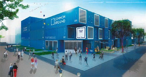 코오롱그룹의 패션 부문 계열사인 코오롱FnC가 4월 선보이는 국내 첫 컨테이너 복합쇼핑시설인 ‘커먼그라운드’ 조감도. 200여 개 컨테이너를 유기적으로 쌓아올려 만든 이 쇼핑몰에는 다양한 패션 브랜드와 식음료 매장, 전시 공간 등이 들어선다. 코오롱FnC 제공