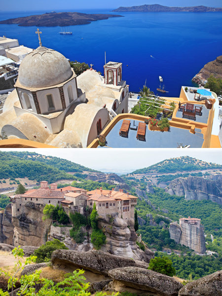 ‘꽃보다 할배’의 최신 시리즈 이후 여행특수가 몰릴 것으로 예상되는 그리스에서 한국 관광객이 가장 선호하는 곳 중 하나인 지중해의 산토리니섬(왼쪽)과 절벽 위의 ‘공중 수도원’으로 유명한 메테오라. 사진제공｜꿈꾸는 여행. 모두투어