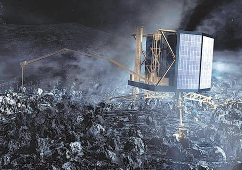 지난해 11월 일명 ‘추리’ 혜성에 착륙한 지 3일 만에 동력이 떨어져 겨울잠에 빠진 탐사로봇 ‘필레’. 독일항공우주센터(DLR)는 지난주부터 필레와 교신을 시도하고 있다. DLR 제공
