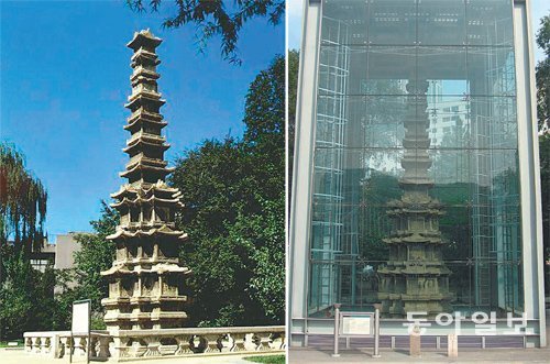 국보 2호 원각사지 10층 석탑의 이전 모습(왼쪽)과 유리보호각을 설치해 놓은 현재 모습. 동아일보DB