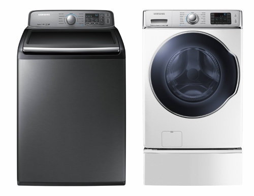 미국 컨슈머리포트 평가에서 고효율 전자동세탁기 부문 1위에 오른 ‘대용량 전자동세탁기’(모델명 WA48H7400AP·왼쪽)와 드럼세탁기 부문 1위를 차지한 ‘대용량 드럼세탁기’(WF56H9110CW). 삼성전자 제공
