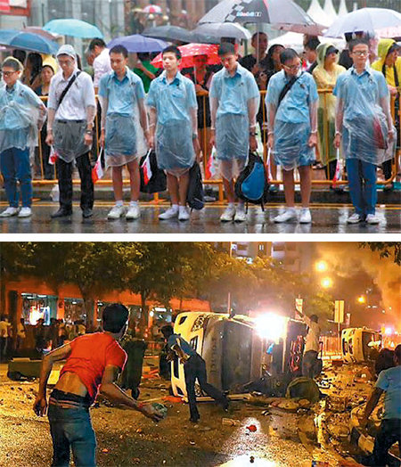 명암 교차 리콴유 전 싱가포르 총리의 장례식이 열린 29일 10대 학생들이 비를 맞으며 운구 행렬을 
기다리고 있다(위 사진). 싱가포르는 리 전 총리의 탁월한 리더십으로 급속한 경제성장을 이뤘지만 권위주의 해소, 다민족 융합 등 
앞으로 풀어야 할 과제도 많다. 2013년 12월 인도계 이주민들이 모여 사는 리틀인디아 거리에서 폭동이 일어나 차량 10여 대가
 파손됐다(아래 사진). 사진 출처 스트레이츠타임스