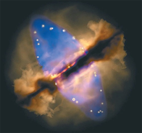 지구에서 약 4000광년 떨어진 ‘W75N’ 안에 있는 어린별 ‘VLA 2’가 위아래 방향으로 먼지와 가스를 내뿜고 있다(파란색). 한국천문연구원 연구진은 2013년 이 과정을 세계 최초로 발표한 데 이어 최근 이를 한 차례 더 발표해 주목받았다. 멕시코국립자치대(UNAM) 천문연구소 제공