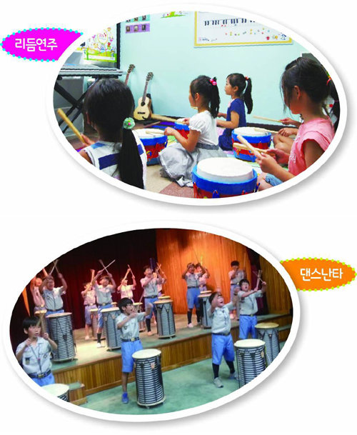 피아노 플러스의 통합 음악교육 프로그램인 리듬연주(왼쪽)과 댄스난타. 피아노 플러스 제공